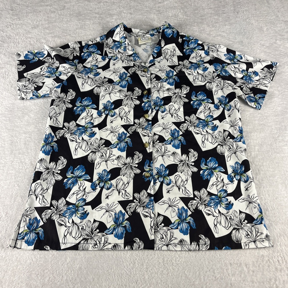 Go Barefoot Hawaiian Shirt Size Small Black White Blue Flowers
